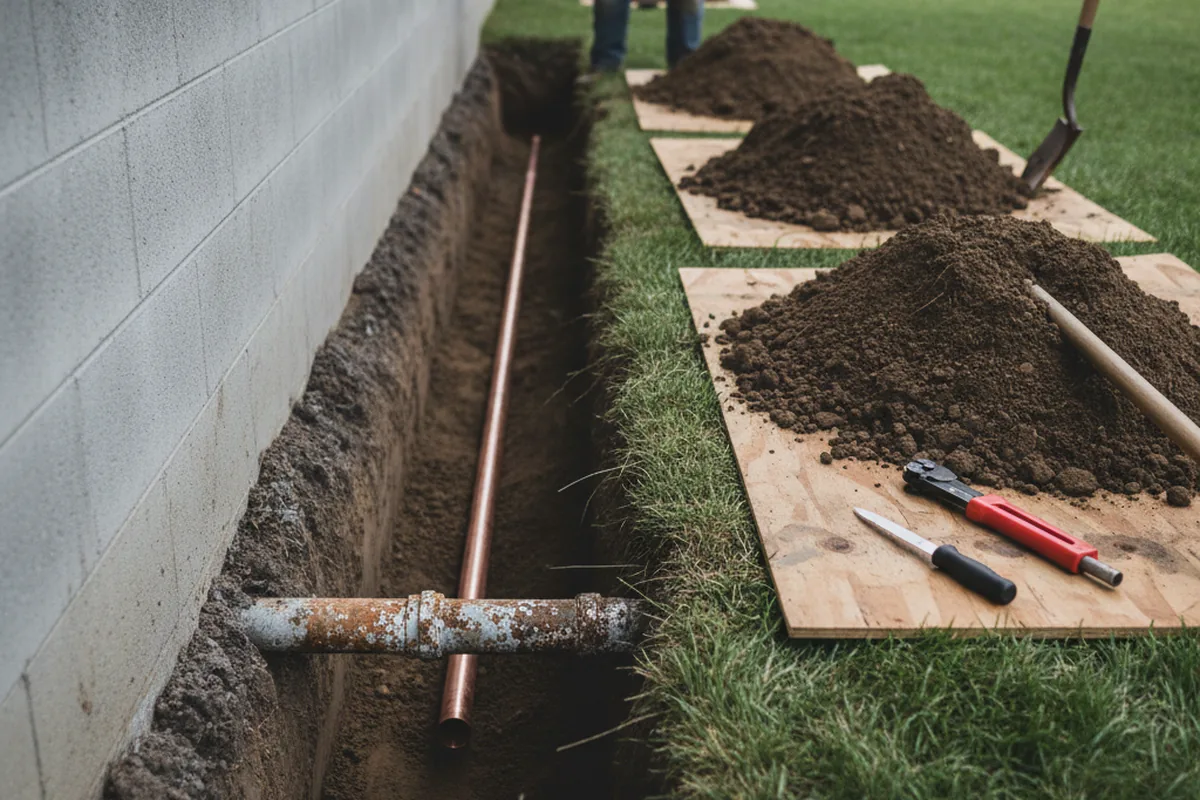 Excavated water line trench during Sewer Line Repair in Draper